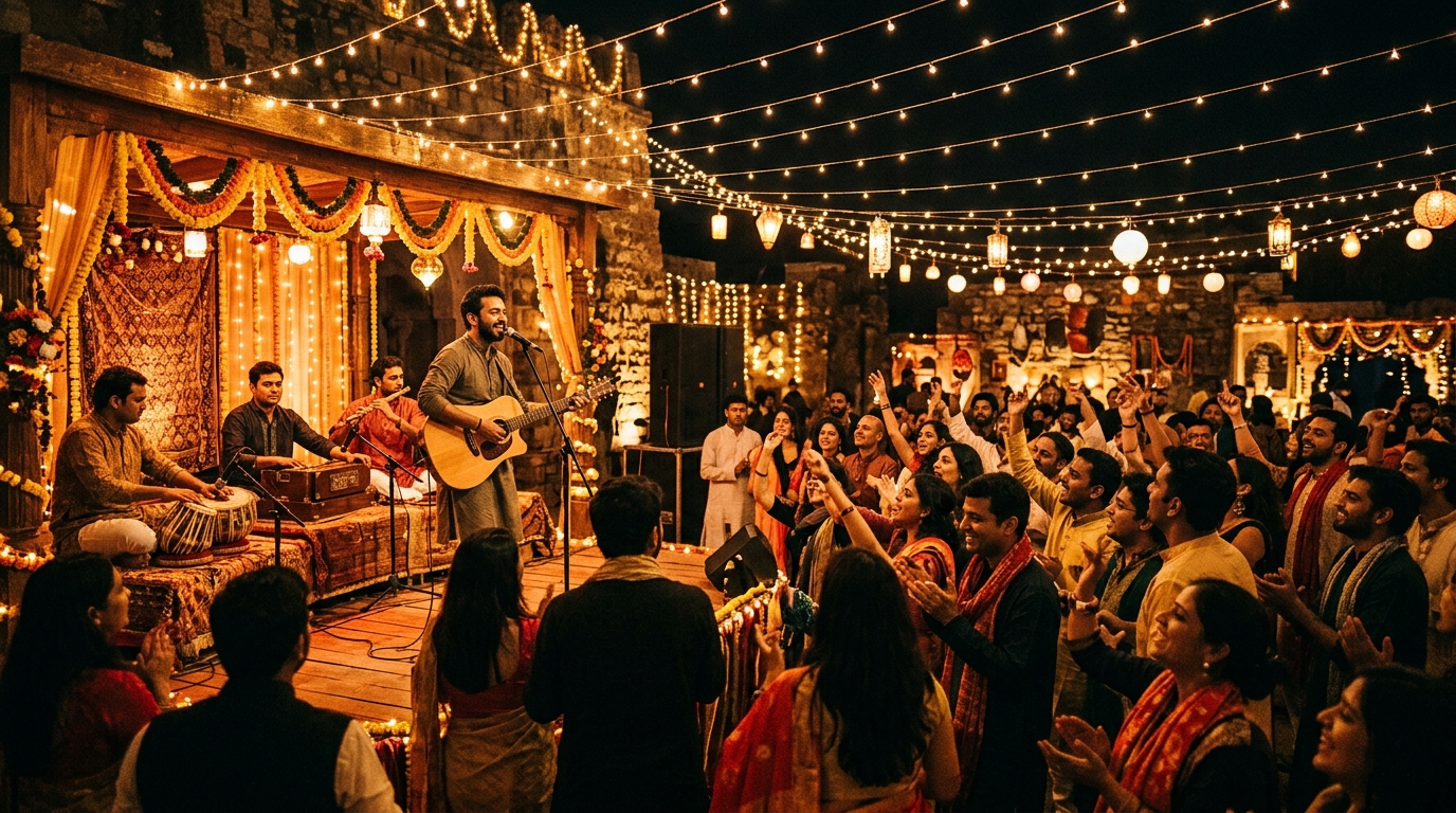 Crowd celebrating during a live outdoor cultural acoustic experience