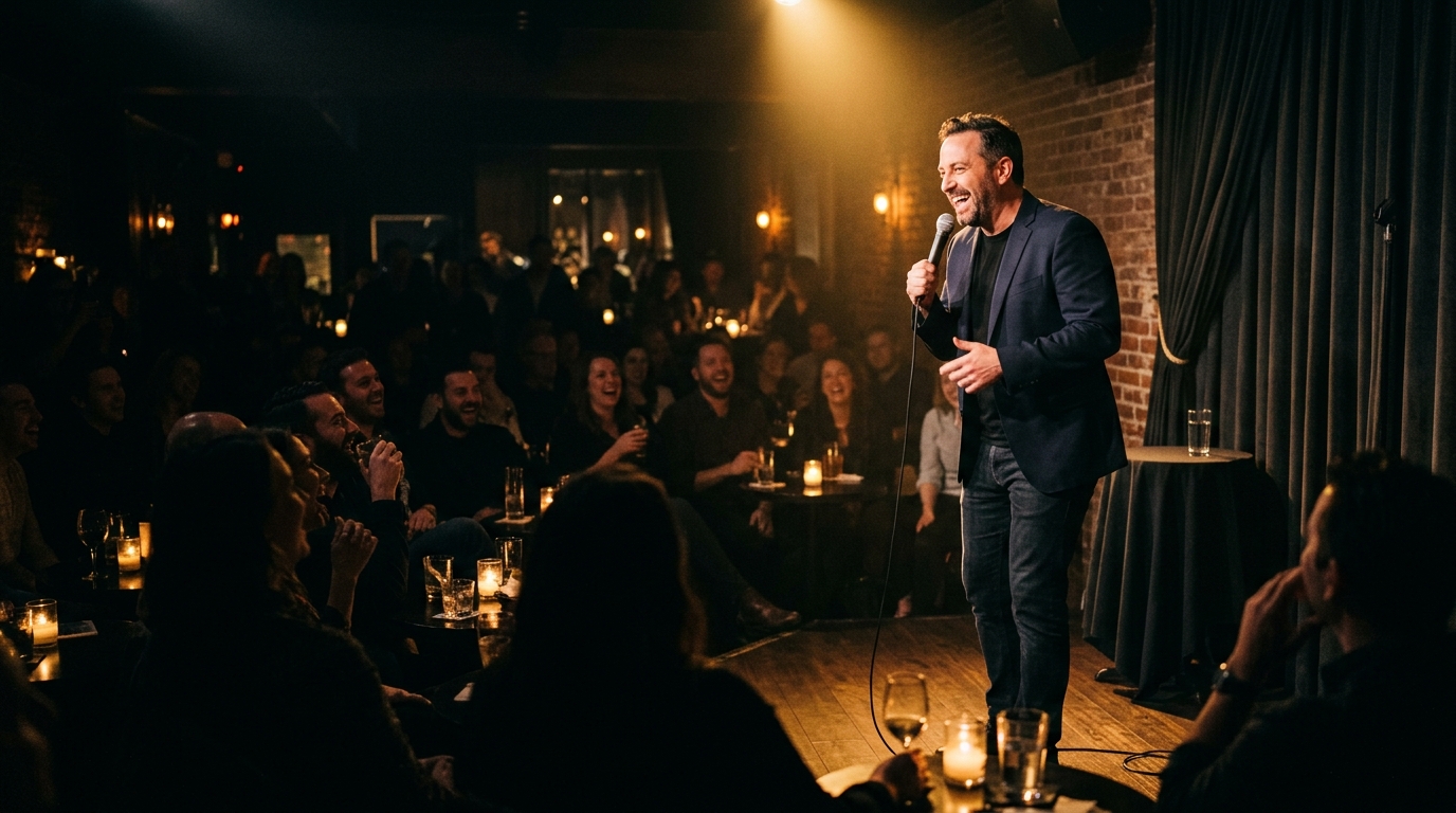 Stand-up comedian performing under a spotlight in an intimate lounge