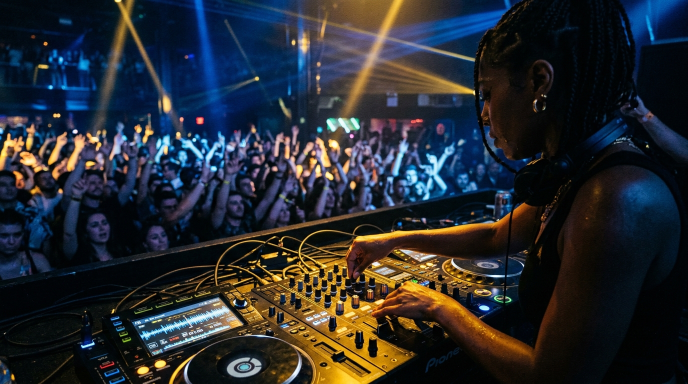DJ performing at an atmospheric electronic nightlife event